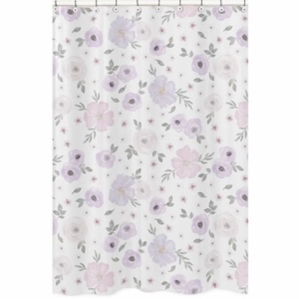 Sweet JoJo Designs Watercolor Floral Lavender And Grey Collection Shower Curtain